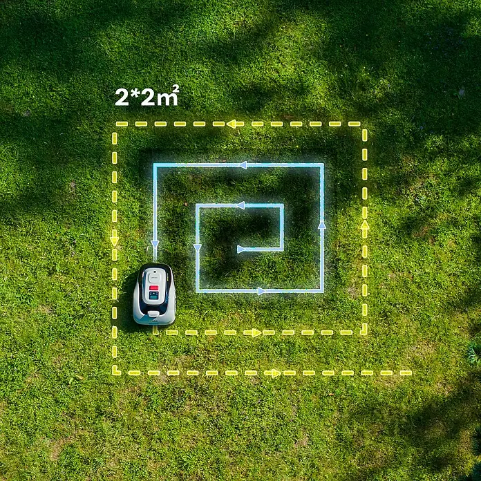 RoboUp Mähroboter Raccoon 2 SE - 600 m², Schnittbreite: 20 cm, Kamera-gestützte Navigation - Grauer und schwarzer Mähroboter folgt einem blauen Spiralpfad in einem gelben 2x2m Bereich.