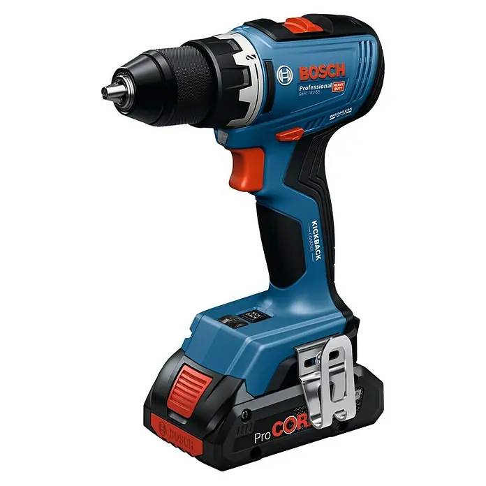 Bosch Professional AMPShare 18V Akku-Bohrschrauber GSR 18V-65 - 18 V, 2 Akkus, 4 Ah, 76 Nm, 2 x 4 Ah Akku, mit L-BOXX-Koffer - Blaue und schwarze Bosch Akku-Bohrschrauber mit roten Akzenten, mit ProCORE Akku, bürstenlosem Motor und Kickback Control.