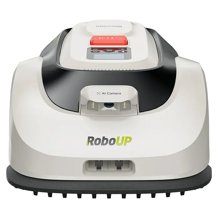 RoboUp Mähroboter Raccoon 2 SE - 600 m², Schnittbreite: 20 cm, Kamera-gestützte Navigation - Weißer Rasenroboter mit schwarzen Akzenten, KI-Kamera und rotem STOP-Knopf oben.