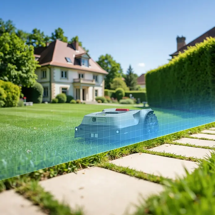 RoboUp Mähroboter T600 - 800 m², Schnittbreite: 20 cm, Kamera-gestützte Navigation, RTK - Grauer Mähroboter auf grünem Rasen mit blauem Gitter, der smarte Navigation im Garten zeigt.