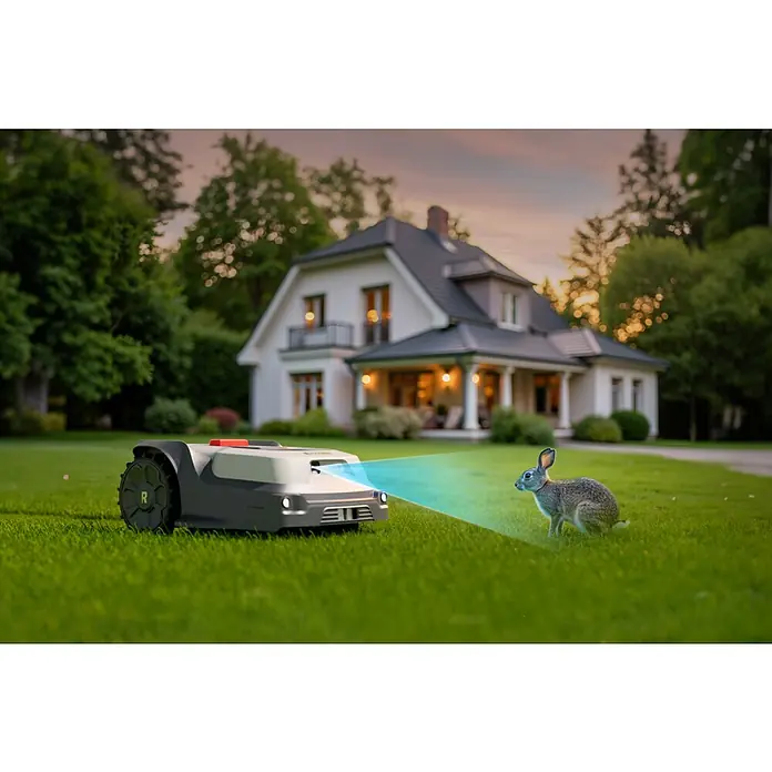 RoboUp Mähroboter T600 - 800 m², Schnittbreite: 20 cm, Kamera-gestützte Navigation, RTK - Grauer und schwarzer Rasenroboter mit blauem Lichtstrahl, der ein Kaninchen vor einem Haus erkennt.