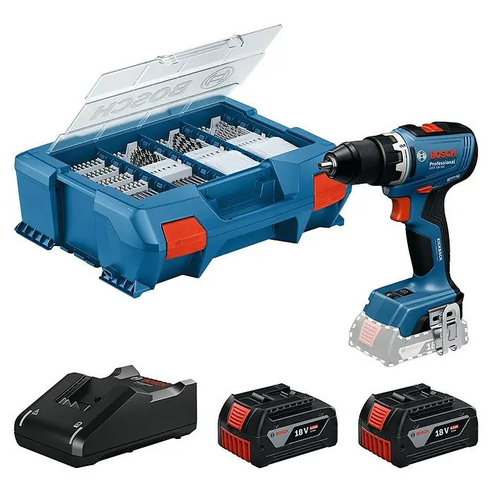 Bosch Professional AMPShare 18V Akku-Bohrschrauber GSR 18V-65 - 18 V, 2 Akkus, 4 Ah, 76 Nm, 2 x 4 Ah Akku, 1 x befüllter Werkzeug-Koffer - Blaues Bosch Akku-Bohrschrauber-Set mit zwei 18V-Akkus, Ladegerät und blauem Bit-Organizer.