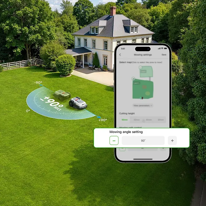 RoboUp Mähroboter T1200 - 1.500 m², Schnittbreite: 20 cm, Kamera-gestützte Navigation, RTK - Zwei Mähroboter auf Rasen mit App, die eine 90°-Mäheinstellung zeigt, zur präzisen Rasenpflege.
