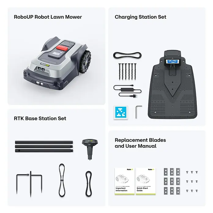 RoboUp Mähroboter T1200 - 1.500 m², Schnittbreite: 20 cm, Kamera-gestützte Navigation, RTK - Ein komplettes Roboter-Rasenmäher-System mit Mäher, Ladestation, RTK-Basisstation, Ersatzklingen und Handbüchern.
