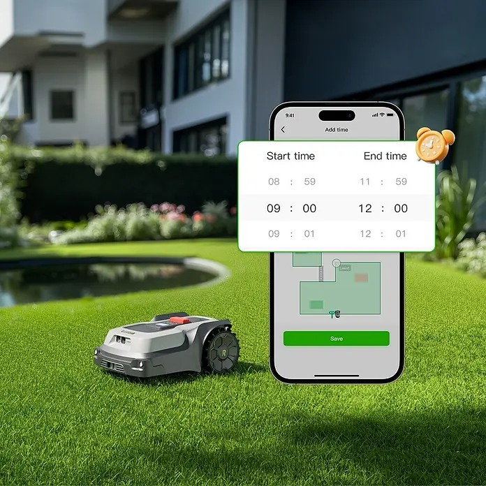 RoboUp Mähroboter T1200 - 1.500 m², Schnittbreite: 20 cm, Kamera-gestützte Navigation, RTK - Rasenroboter auf Gras neben einem Smartphone, das die Steuerungs-App zum Einstellen von Mähzeiten und Rasenkarte zeigt.