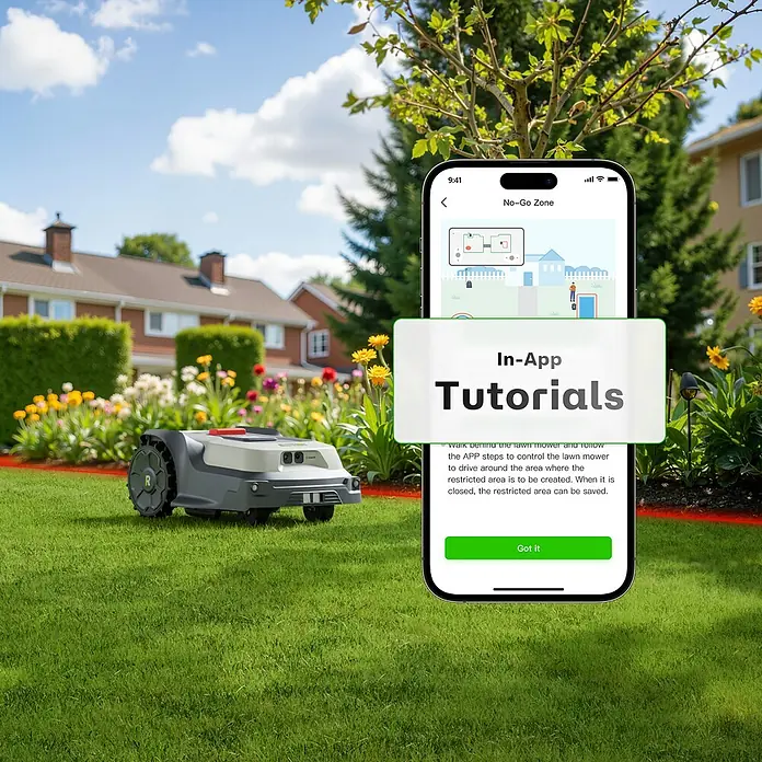 RoboUp Mähroboter T1200 - 1.500 m², Schnittbreite: 20 cm, Kamera-gestützte Navigation, RTK - Grauer Rasenroboter in einem Garten, mit Smartphone, das „No-Go Zone“-Funktion und „In-App-Tutorials“ anzeigt.