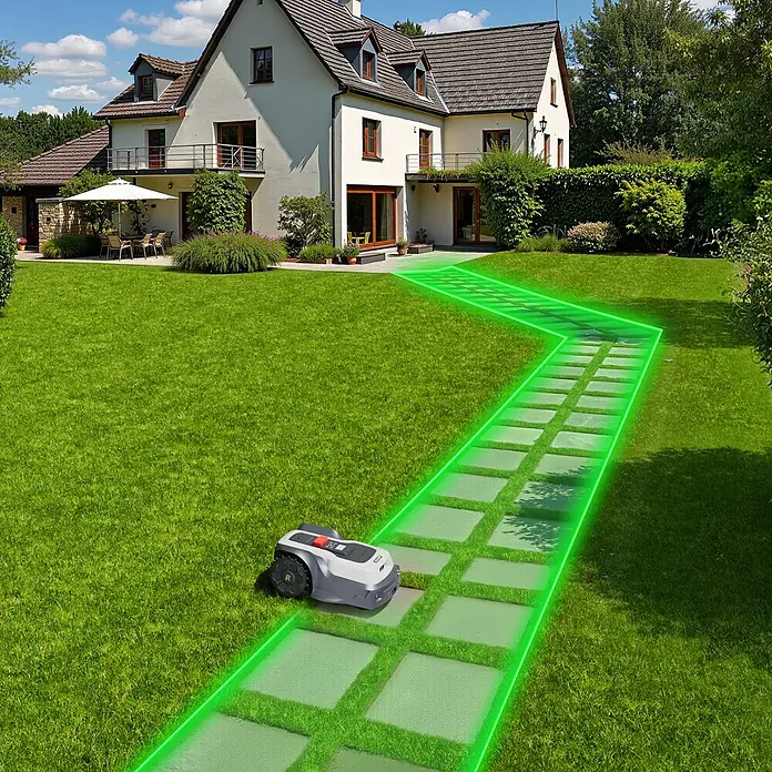 RoboUp Mähroboter T1200 - 1.500 m², Schnittbreite: 20 cm, Kamera-gestützte Navigation, RTK - Grauer und weißer Rasenroboter mit roten Details, navigiert auf einem leuchtend grünen Weg im Garten.