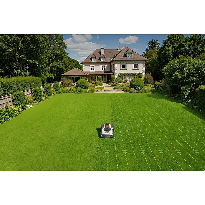 RoboUp Mähroboter T1200 - 1.500 m², Schnittbreite: 20 cm, Kamera-gestützte Navigation, RTK - Ein grauer und schwarzer Mähroboter mäht effizient einen großen, akkurat gestreiften Rasen vor einem Haus.
