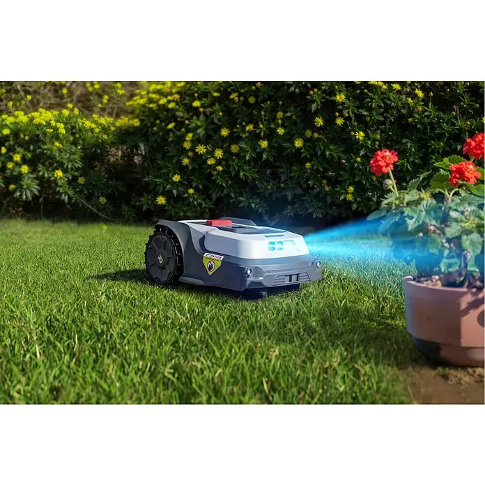 RoboUp Mähroboter T1200 - 1.500 m², Schnittbreite: 20 cm, Kamera-gestützte Navigation, RTK - Ein grau-weißer Rasenroboter mit rotem Knopf und blauem Lichtstrahl.