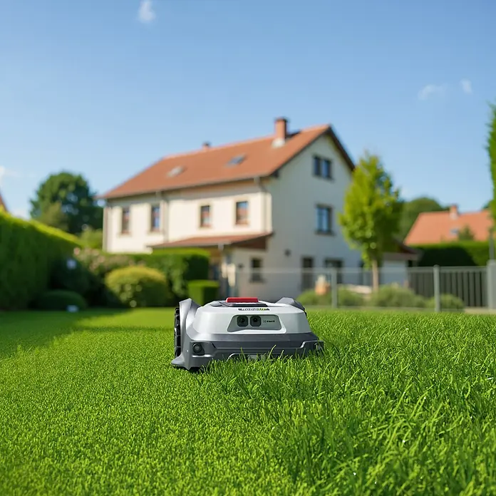 RoboUp Mähroboter T1200 - 1.500 m², Schnittbreite: 20 cm, Kamera-gestützte Navigation, RTK - Silber-dunkelgrauer Rasenroboter mit rotem Knopf, auf hellem grünen Rasen arbeitend.