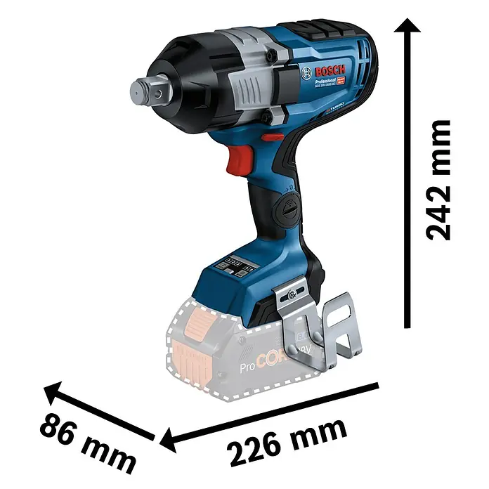 Bosch Professional AMPShare 18V Akku-Drehschlagschrauber GDS 18V-1600 HC - 18 V, Ohne Akku, 1.600 Nm, Ohne Akku, ohne Koffer - Blauer und schwarzer Bosch Akku-Schlagschrauber mit Akku, 242 mm hoch, 226 mm lang und 86 mm breit.