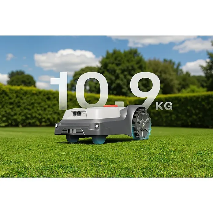 RoboUp Mähroboter T1200 - 1.500 m², Schnittbreite: 20 cm, Kamera-gestützte Navigation, RTK - Ein grau-weißer Mähroboter, Gewicht 10,9 kg.