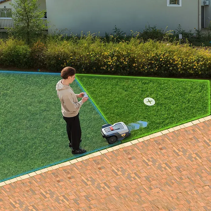 RoboUp Mähroboter T1200 - 1.500 m², Schnittbreite: 20 cm, Kamera-gestützte Navigation, RTK - Ein grauer Mähroboter kartiert und mäht Rasen digital, gesteuert von einer Person mit Smartphone.