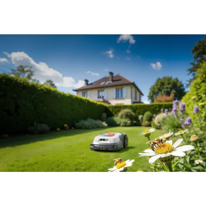 RoboUp Mähroboter T1200 - 1.500 m², Schnittbreite: 20 cm, Kamera-gestützte Navigation, RTK - Ein grauer Mähroboter mäht effizient grünes Gras in einem sonnigen Garten.