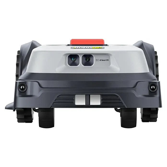 RoboUp Mähroboter T1200 - 1.500 m², Schnittbreite: 20 cm, Kamera-gestützte Navigation, RTK - Vorderansicht eines grau-weißen autonomen Roboters mit zwei KI-Kameras und robusten schwarzen Raupen.