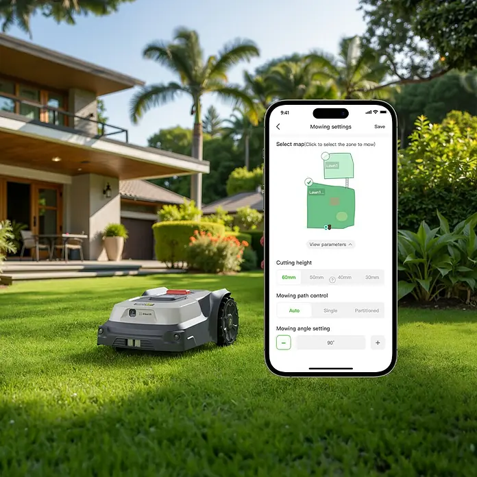 RoboUp Mähroboter T600 - 800 m², Schnittbreite: 20 cm, Kamera-gestützte Navigation, RTK - Ein grau-schwarzer Mähroboter auf einem grünen Rasen, daneben ein Smartphone mit Steuerungs-App.