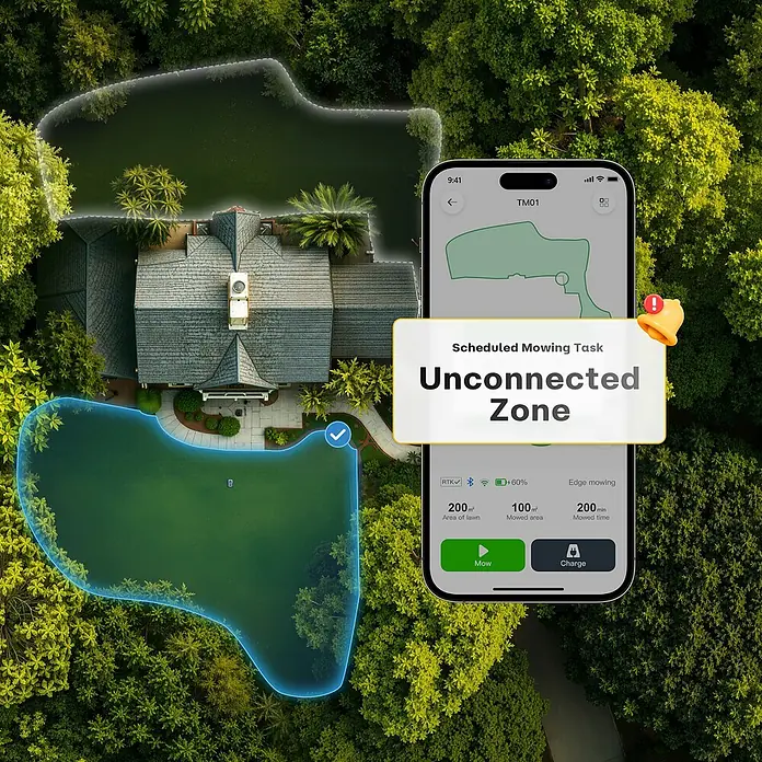 RoboUp Mähroboter T1200 - 1.500 m², Schnittbreite: 20 cm, Kamera-gestützte Navigation, RTK - App eines Mähroboters zeigt Fehler "Unconnected Zone" für geplante Mähaufgabe über einer Luftaufnahme des Hauses und des Gartens.