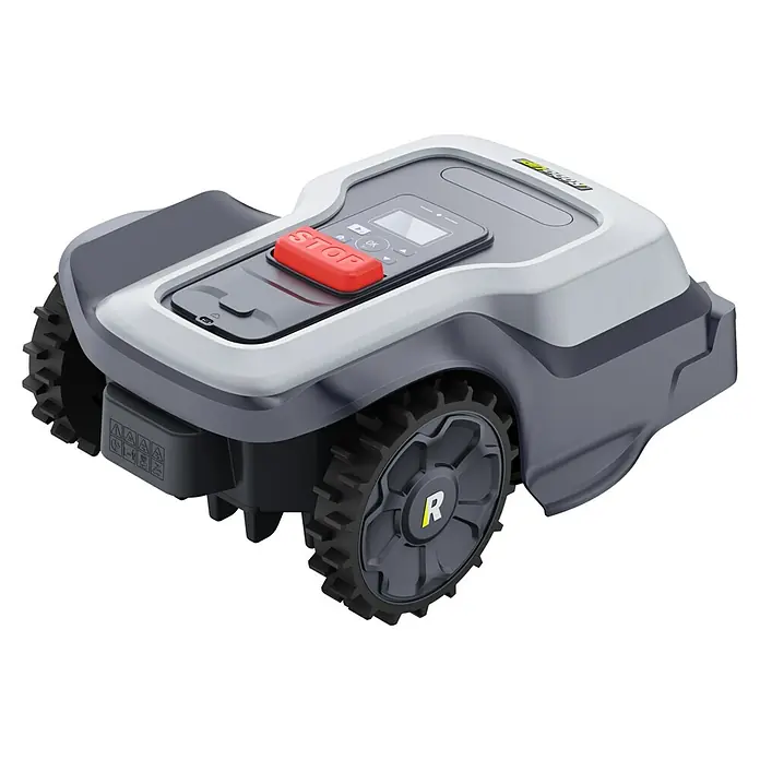 RoboUp Mähroboter T1200 - 1.500 m², Schnittbreite: 20 cm, Kamera-gestützte Navigation, RTK - Roboter-Rasenmäher mit grau-weißem Gehäuse, schwarzen Rädern und einem roten Stopp-Knopf.