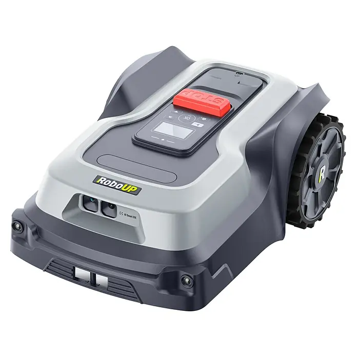RoboUp Mähroboter T1200 - 1.500 m², Schnittbreite: 20 cm, Kamera-gestützte Navigation, RTK - Grauer und weißer Rasenroboter mit gelbem 'RoboUP'-Logo, Bedienfeld, rotem STOP-Knopf und großen profilierten Rädern.