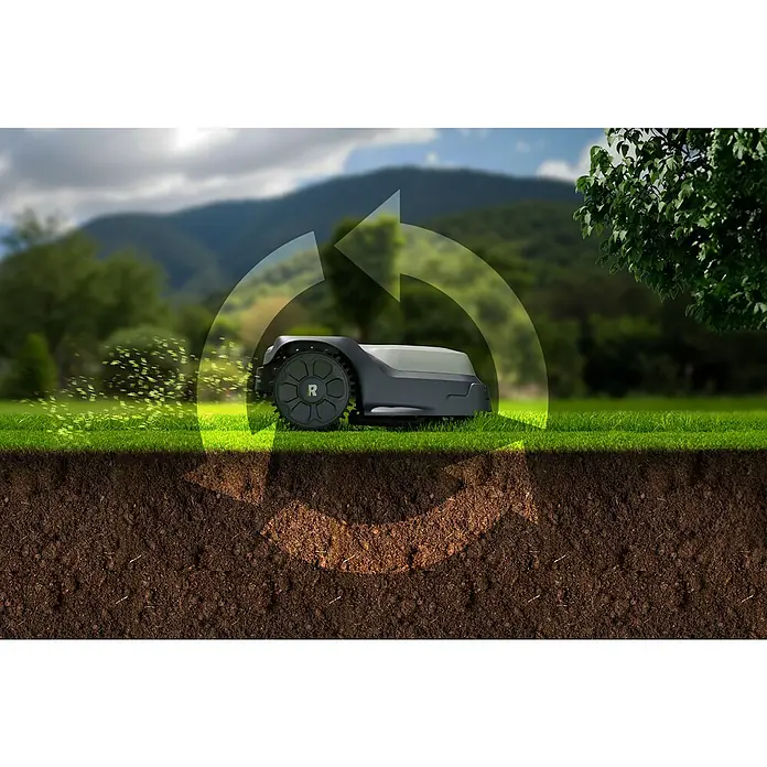 RoboUp Mähroboter T1200 - 1.500 m², Schnittbreite: 20 cm, Kamera-gestützte Navigation, RTK - Dunkelgrauer Mähroboter auf Gras, der zeigt, wie Schnittgut mulcht und Nährstoffe in den Boden zurückführt.