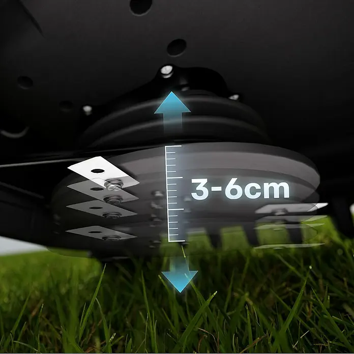 RoboUp Mähroboter T1200 - 1.500 m², Schnittbreite: 20 cm, Kamera-gestützte Navigation, RTK - Rasenmähermesser mit einstellbarer Schnitthöhe von 3 bis 6 cm über dem Gras.