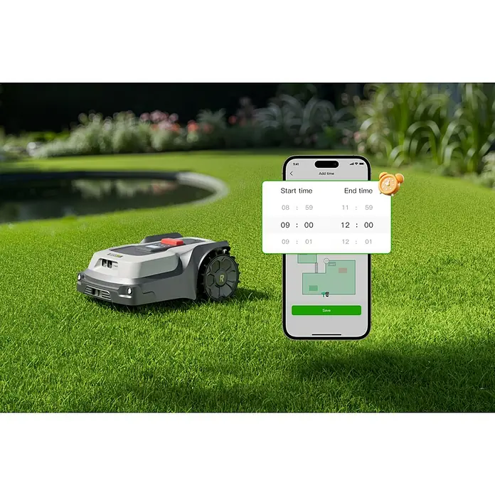 RoboUp Mähroboter T600 - 800 m², Schnittbreite: 20 cm, Kamera-gestützte Navigation, RTK - Ein grauer Mähroboter auf grünem Rasen, daneben ein Smartphone mit Zeitschalt-App für Start- und Endzeiten.