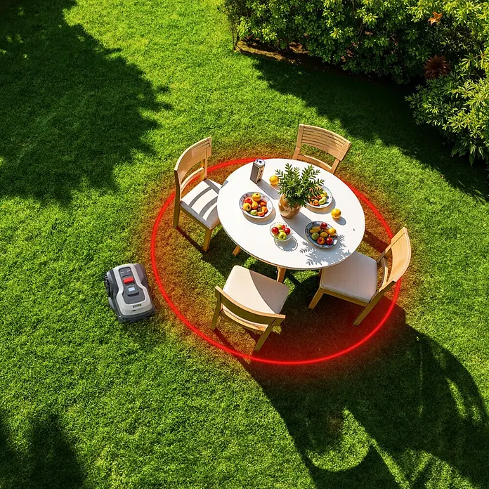 RoboUp Mähroboter T600 - 800 m², Schnittbreite: 20 cm, Kamera-gestützte Navigation, RTK - Grau-schwarzer Mähroboter auf Rasen, umfährt eine Outdoor-Sitzgruppe mit roter Sperrzone.