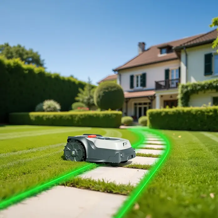 RoboUp Mähroboter T600 - 800 m², Schnittbreite: 20 cm, Kamera-gestützte Navigation, RTK - Ein grau-weißer Rasenroboter mit rotem Knopf mäht Rasen auf einer Wiese, einem leuchtend grünen Pfad folgend.