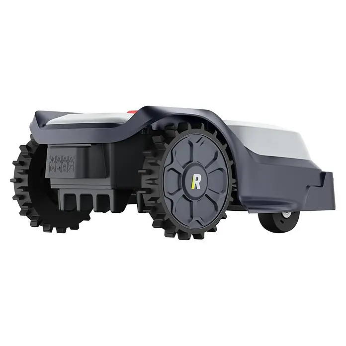 RoboUp Mähroboter T1200 - 1.500 m², Schnittbreite: 20 cm, Kamera-gestützte Navigation, RTK - Dunkelgrauer Mähroboter mit großen schwarzen Traktionsrädern und einem 'R'-Logo.