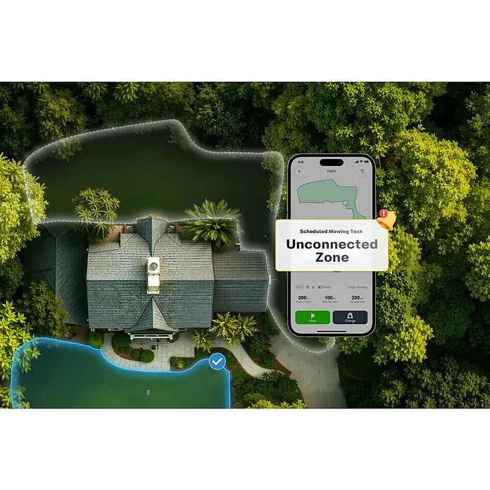 RoboUp Mähroboter T600 - 800 m², Schnittbreite: 20 cm, Kamera-gestützte Navigation, RTK - Smartphone-App zeigt 'Unconnected Zone'-Fehler für geplante Mähaufgabe, überlagert auf Luftaufnahme von Haus und Garten.