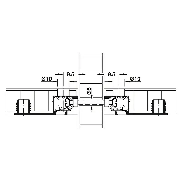Häfele Casquillo roscado - Largo: 22 mm, Específico para: Espesor de la madera 28 - 33 mm - Dibujo técnico de un herraje de mueble con dimensiones, que muestra una vista detallada de los elementos de fijación.