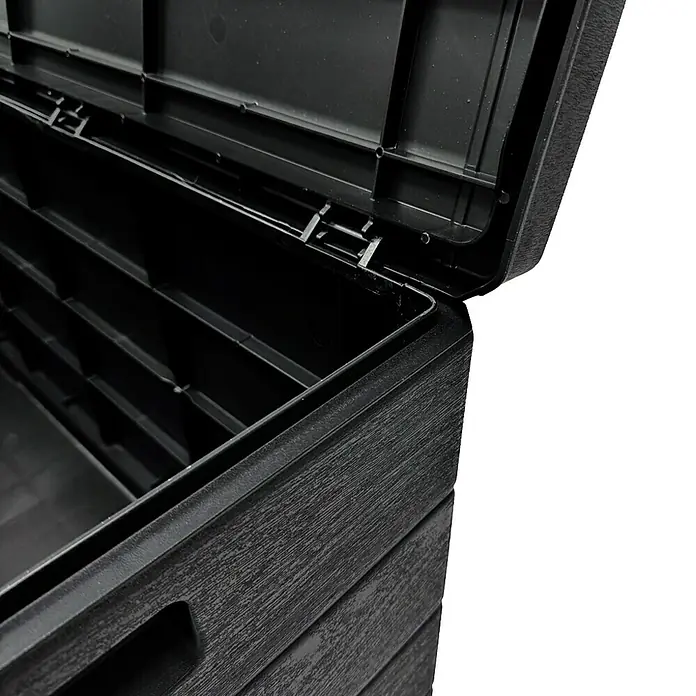 Kissenbox - 55 x 78 x 52 cm, Kunststoff, Anthrazit - Offene schwarze Aufbewahrungsbox mit Holzstruktur, zeigt Innenfächer.