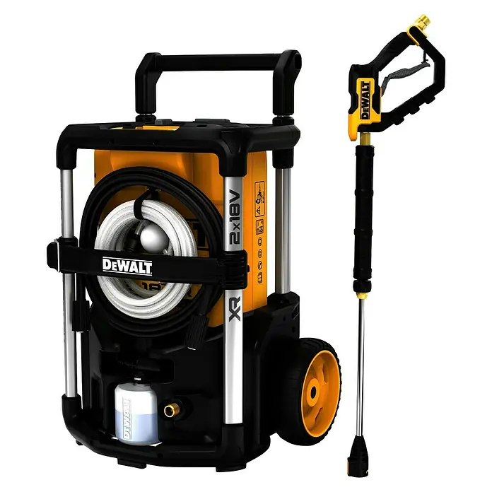 DeWalt XR 18V Akku-Hochdruckreiniger DCMPW1600N-XJ - 18 V, Ohne Akku - Gelb-schwarzer DeWalt Hochdruckreiniger mit Schlauch, Spritzpistole und Seifenspender. Verfügt über schwarze Räder mit gelben Mitten.