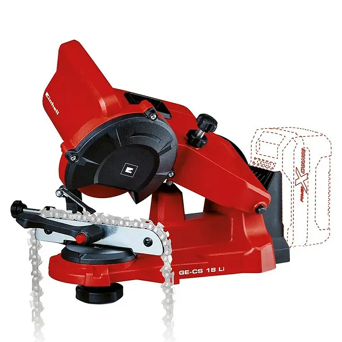 Einhell Power X-Change 18V Akku-Sägekettenschärfgerät GE-CS 18 Li-Solo - Mit LED-Beleuchtung, Schleifwinkeleinstellung, inklusive Schleifscheibe - Das Bild zeigt einen Einhell GE-CS 18 Li Akku-Kettenschärfer in roter Farbe, der zum Schärfen von Kettensägen verwendet wird.