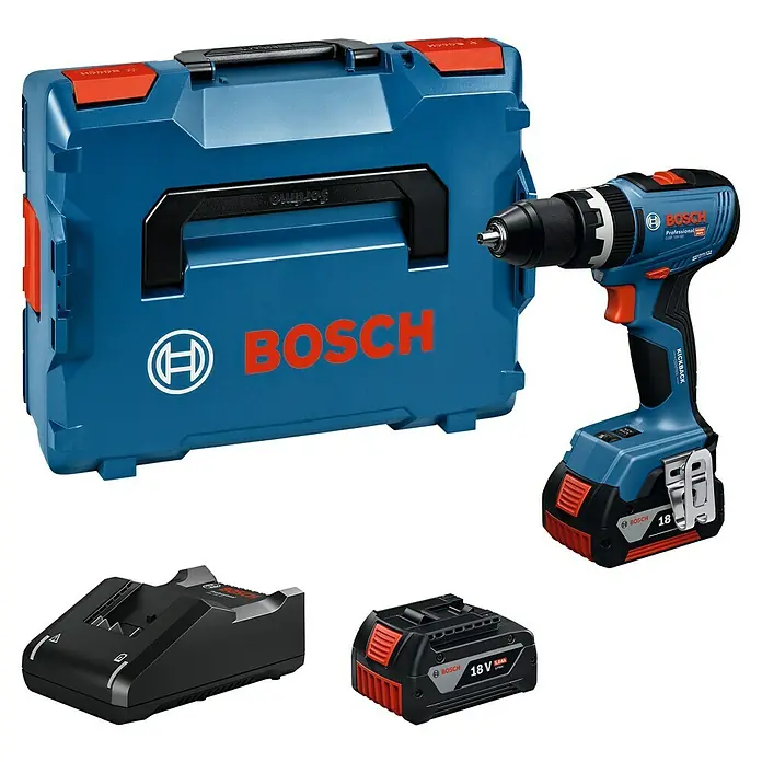 Bosch Professional AMPShare 18V Akku-Schlagbohrschrauber GSB 18V-65 - 18 V, 2 Akkus, 5 Ah, 63 Nm, 2 x 5 Ah Akku, L-BOXX 136N - Bosch Bohrerset: blauer Koffer, blau-schwarzer 18V Bohrschrauber, zwei Akkus und Ladegerät.