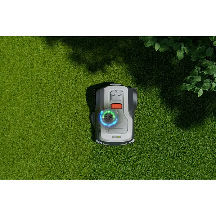 RoboUp Mähroboter T600 - 800 m², Schnittbreite: 20 cm, Kamera-gestützte Navigation, RTK - Grauer Rasenmäherroboter mit leuchtender blau-grüner Anzeige und rotem Knopf.