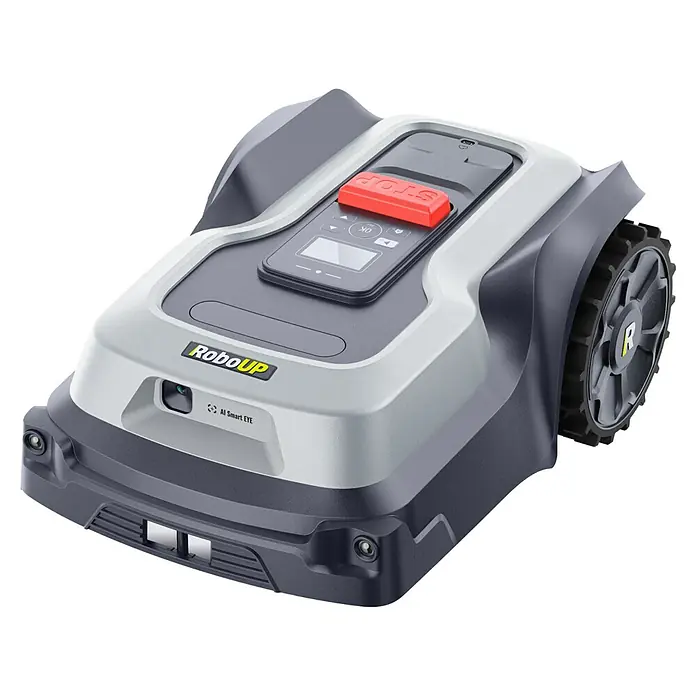 RoboUp Mähroboter T600 - 800 m², Schnittbreite: 20 cm, Kamera-gestützte Navigation, RTK - Moderner Rasenroboter in Dunkel- und Hellgrau mit rotem STOP-Knopf, "AI Smart EYE"-Kamera und robusten Rädern.
