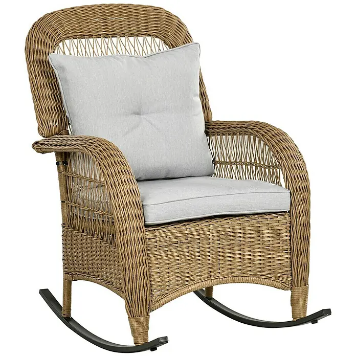 Outsunny Garten-Schaukelstuhl im Boho-Stil - 1 Stk., PE-Rattan, Natur, Hellgrau, B x T x H: 92 x 92 x 100 cm