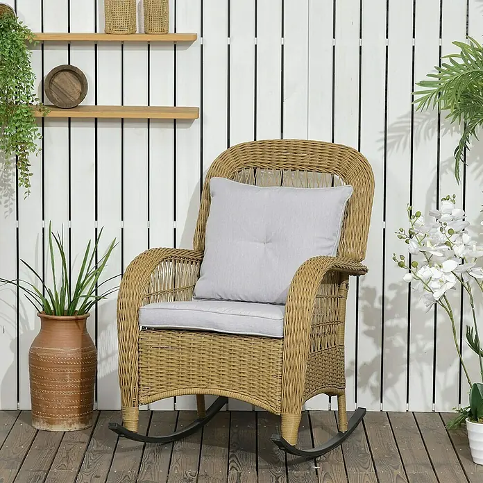 Outsunny Garten-Schaukelstuhl im Boho-Stil - 1 Stk., PE-Rattan, Natur, Hellgrau, B x T x H: 92 x 92 x 100 cm