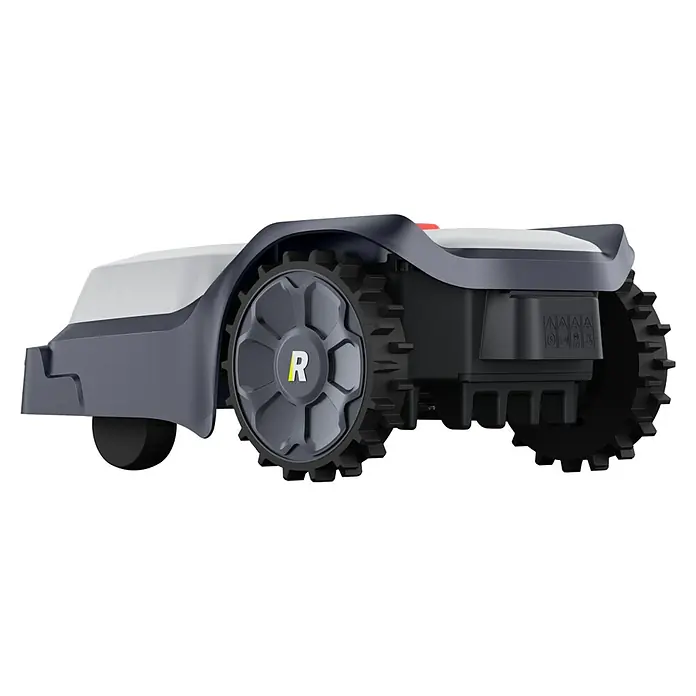 RoboUp Mähroboter T600 - 800 m², Schnittbreite: 20 cm, Kamera-gestützte Navigation, RTK - Grauer und hellgrauer Mähroboter mit robusten schwarzen Traktionsrädern und gelbem 'R'-Logo auf der Radnabe.