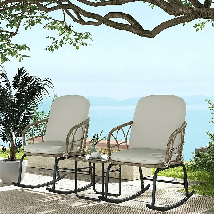 Outsunny Garten-Schaukelstuhl 3-tlg. mit Tisch - 2 Stk., PE Polyrattan, Gelb, Cremeweiß