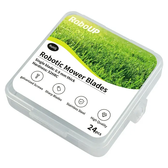 RoboUp Ersatzmesser-Set für Mähroboter - Passend für: Mähroboter der RoboUP TM01 und Raccoon Serie, 24 Stk. - Transparente Box mit 24 RoboUP Mähroboterklingen, Etikett zeigt Spezifikationen und Gras.