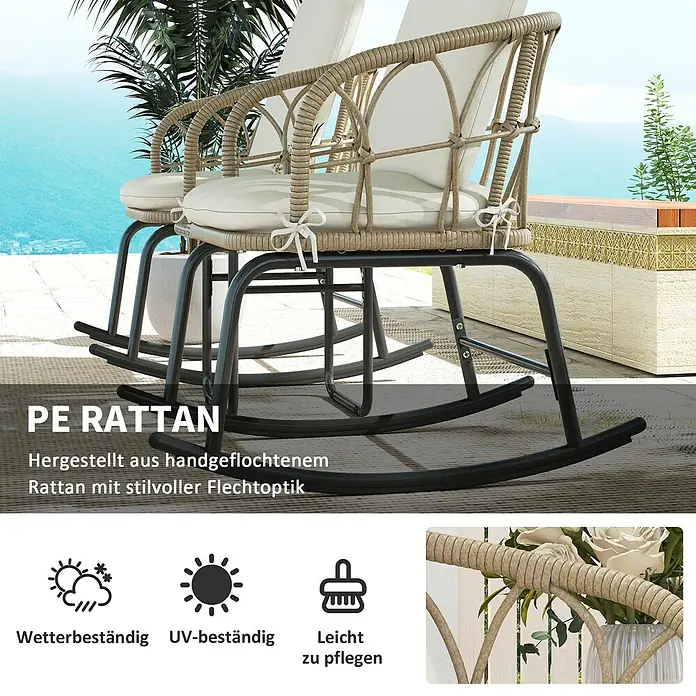Outsunny Garten-Schaukelstuhl 3-tlg. mit Tisch - 2 Stk., PE Polyrattan, Gelb, Cremeweiß