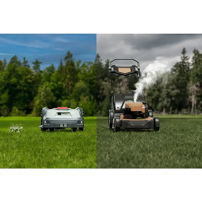 RoboUp Mähroboter T600 - 800 m², Schnittbreite: 20 cm, Kamera-gestützte Navigation, RTK - Roboter-Rasenmäher auf Grünfläche bei Sonnenschein neben rauchendem Benzinmäher unter dunklem Himmel.
