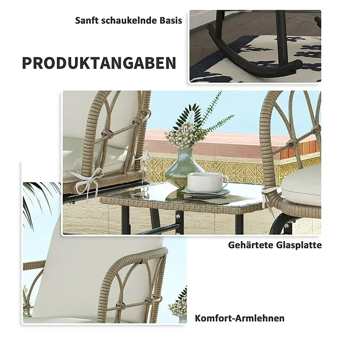 Outsunny Garten-Schaukelstuhl 3-tlg. mit Tisch - 2 Stk., PE Polyrattan, Gelb, Cremeweiß