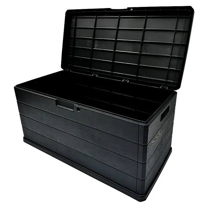 Kissenbox - 59 x 118 x 57 cm, Kunststoff, Anthrazit - Schwarze Kunststoff-Aufbewahrungsbox in Holzoptik mit offenem Deckel.