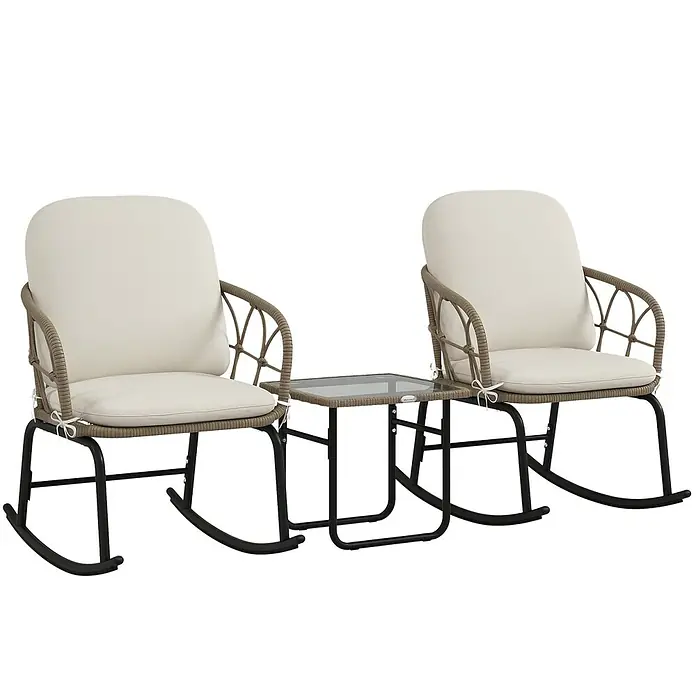 Outsunny Garten-Schaukelstuhl 3-tlg. mit Tisch - 2 Stk., PE Polyrattan, Gelb, Cremeweiß