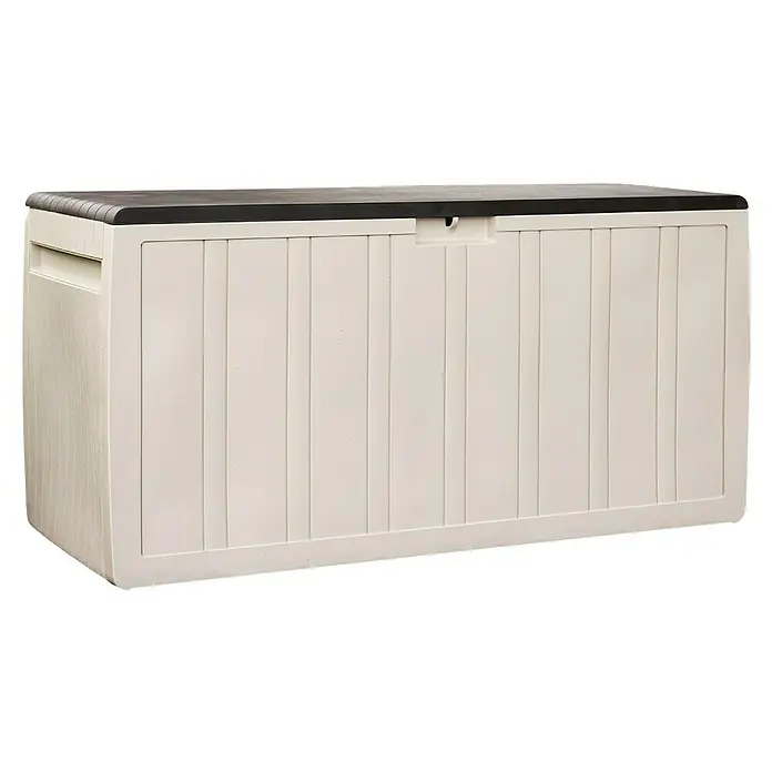 Kissenbox - 45,5 x 117 x 57,5 cm, Kunststoff, Beige - Beige Outdoor-Aufbewahrungsbox mit dunklem Deckel und Lamellendesign.