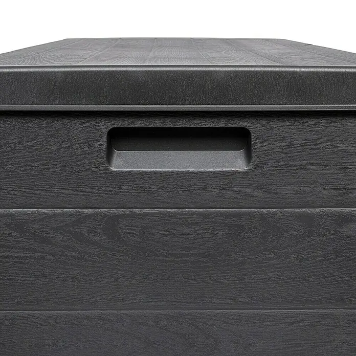 Kissenbox - 55 x 78 x 52 cm, Kunststoff, Anthrazit - Dunkelgraue Kunststoff-Aufbewahrungsbox in Holzoptik mit integriertem Griff.