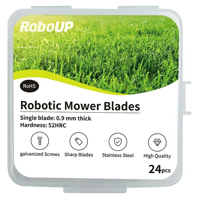 RoboUp Ersatzmesser-Set für Mähroboter - Passend für: Mähroboter der RoboUP TM01 und Raccoon Serie, 24 Stk. - Packung mit 24 RoboUP Robotermäherklingen aus Edelstahl, 0,9 mm dick, 52HRC Härte, inkl. verzinkten Schrauben. RoHS-konform.